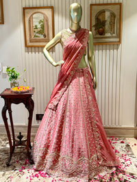 Elegantly Embroidered Rose-Pink Net & Silk Lehenga Choli Set with Dupatta