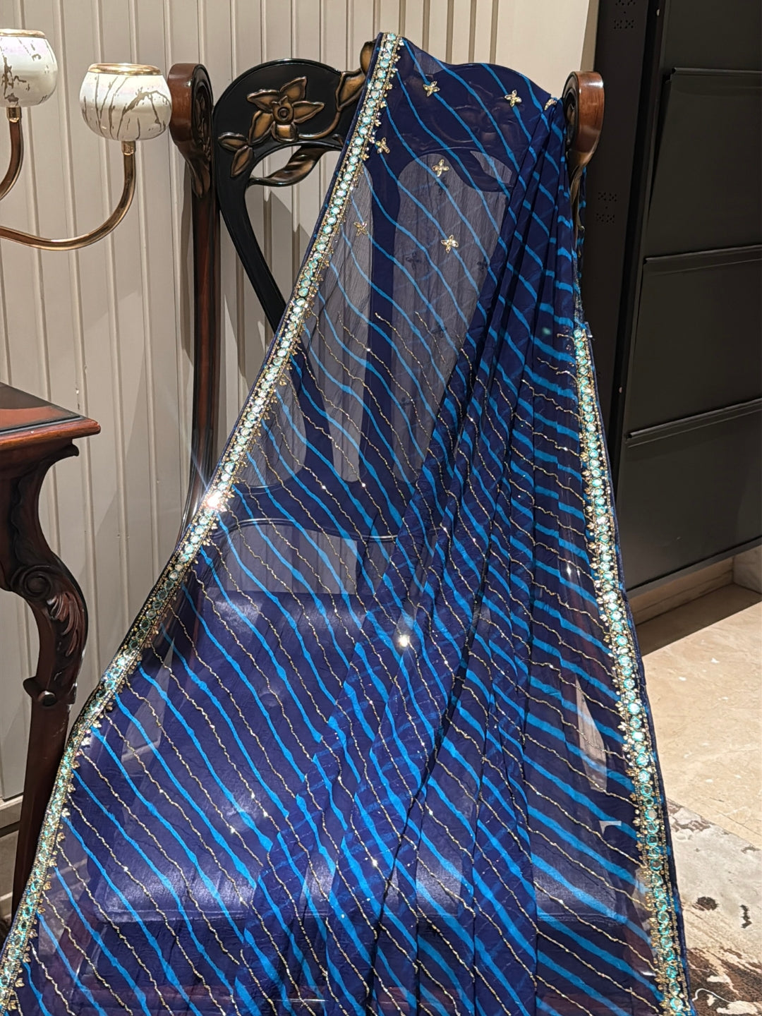 Navy Blue Saree with Turquoise Stripes, Silver Sequins & All-Over Mirror Work Border