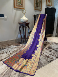 Purple Saree with Heavy Ethnic Gold Border, Leaf Motifs & Royal Procession Digital Work