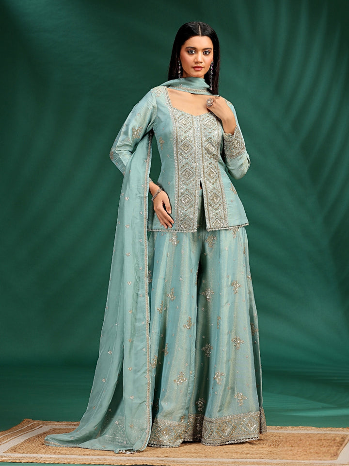 Embroidered Georgette Sharara Set with Sequin, Zari & Mirror Work Detailing