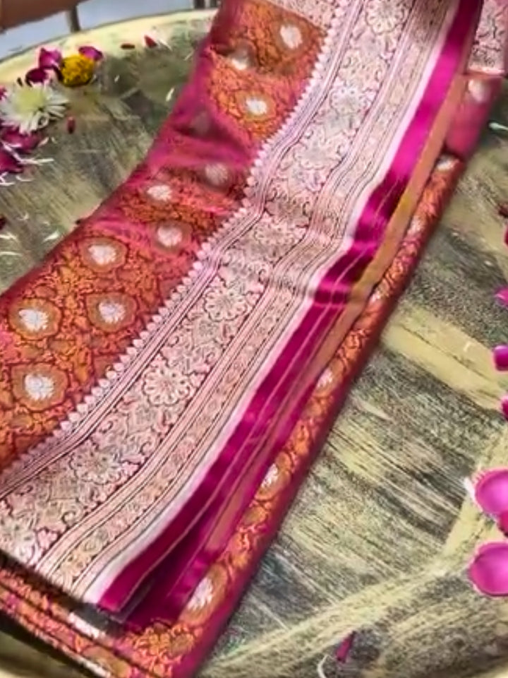 Pure Banarasi Satan Silk Saree in Magenta Pink with Zari Floral Buta and Meenakari Work