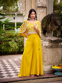Mustard Yellow Embroidered Cape Top with Flared Palazzo Set Featuring Sequin & Thread Work