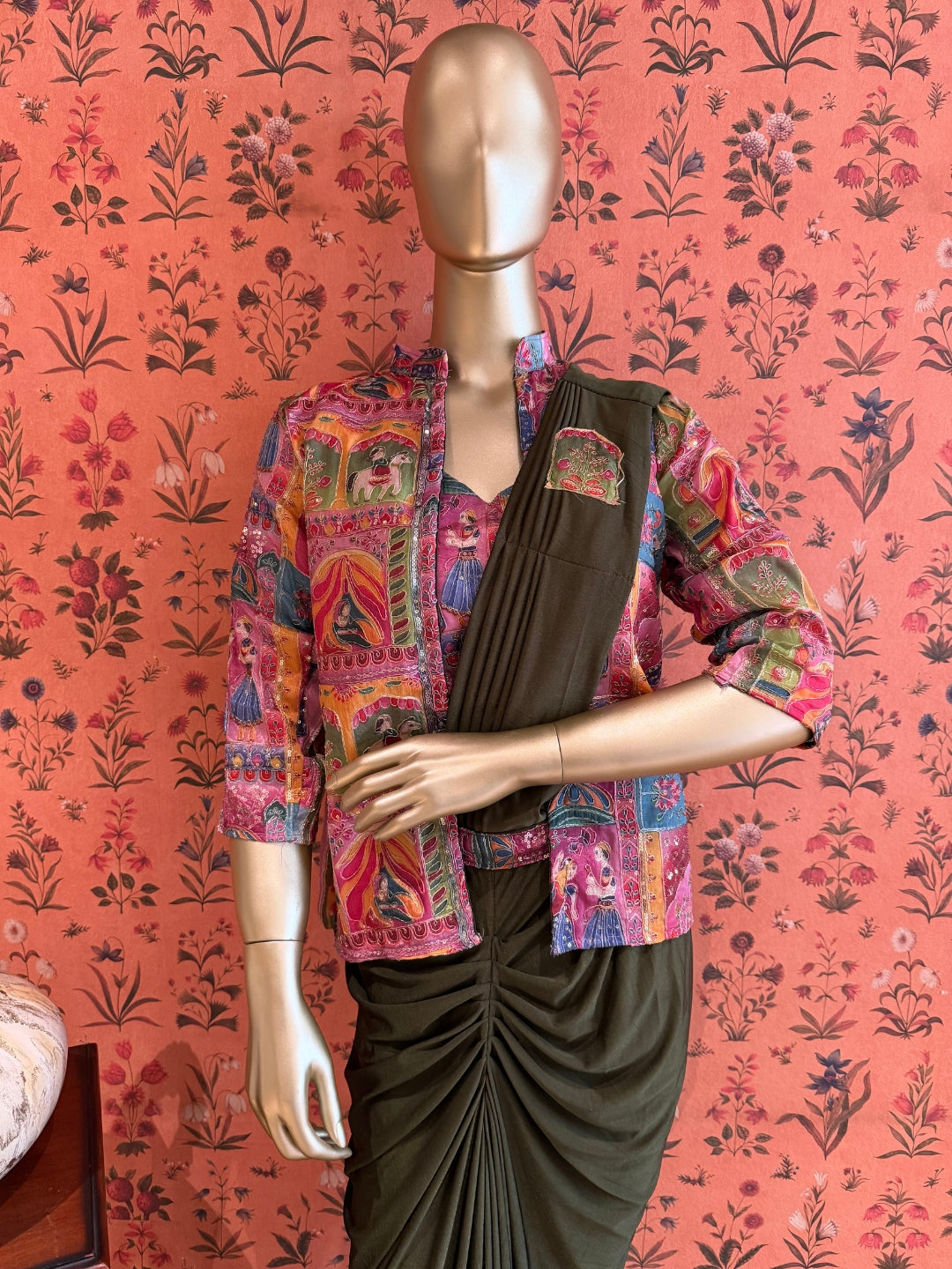Olive Drape Saree with Multicolour Rajasthani Print Jacket, Pintucks and Gathered Pleats