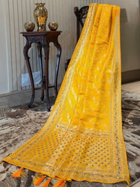 Yellow Banarasi Woven Checks Saree with Intricate Zari Border and Tasselled Pallu