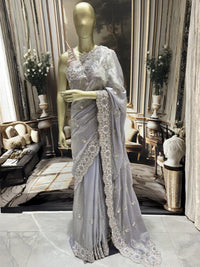 Tissue Saree with Heavy Scalloped Floral Sequin Bead Embroidery & Scattered Butis