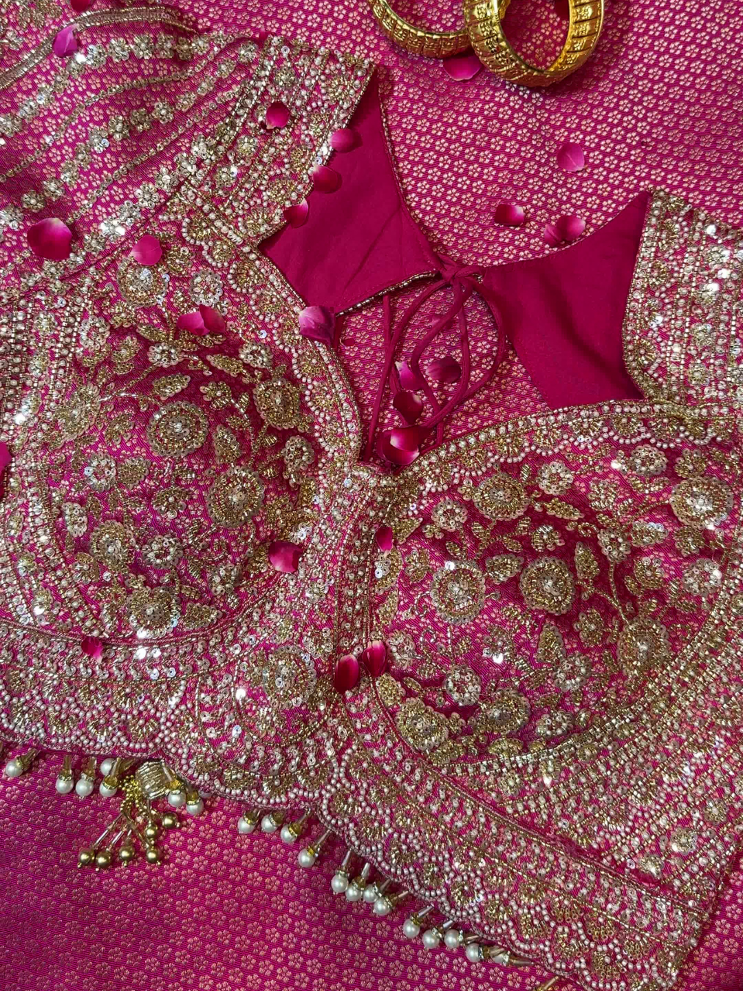 Heavy Saree with Pearl & Stone Embellished Stitched Blouse in Rani Pink