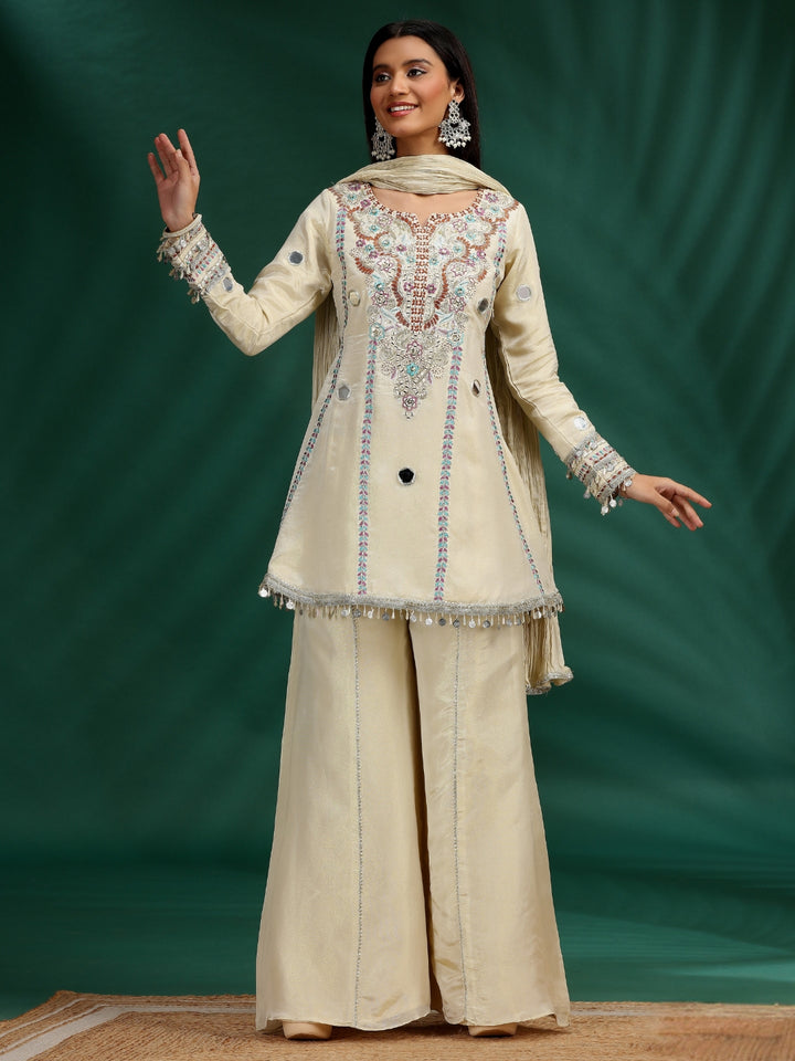 Ivory Mirror & Thread Work Embroidered Silk Kurta Set with Palazzo & Dupatta