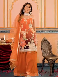 Floral Embroidered Kurta Palazzo Set with Sequin Net Dupatta
