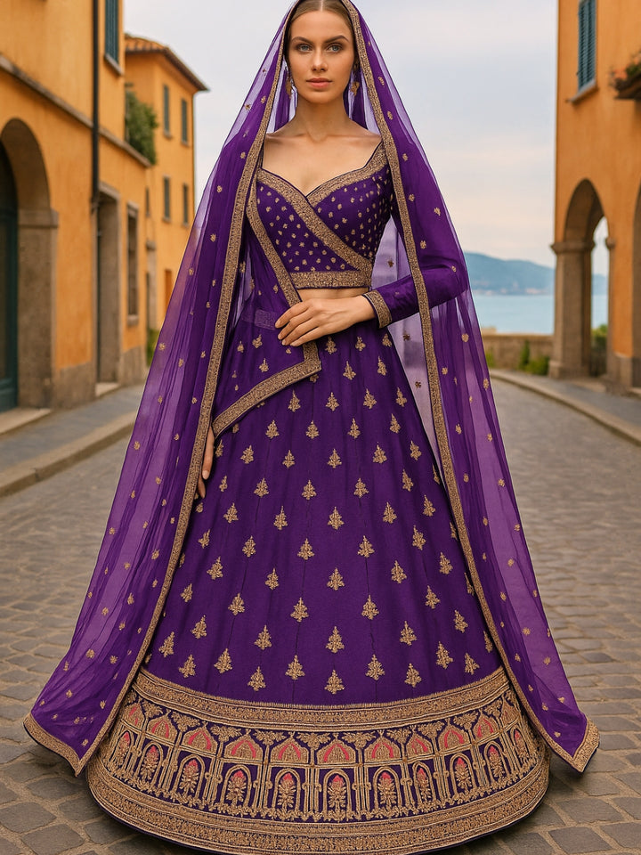 Zari, Sequin & Resham Embroidery Work Lehenga With Unstitched Blouse & Dupatta