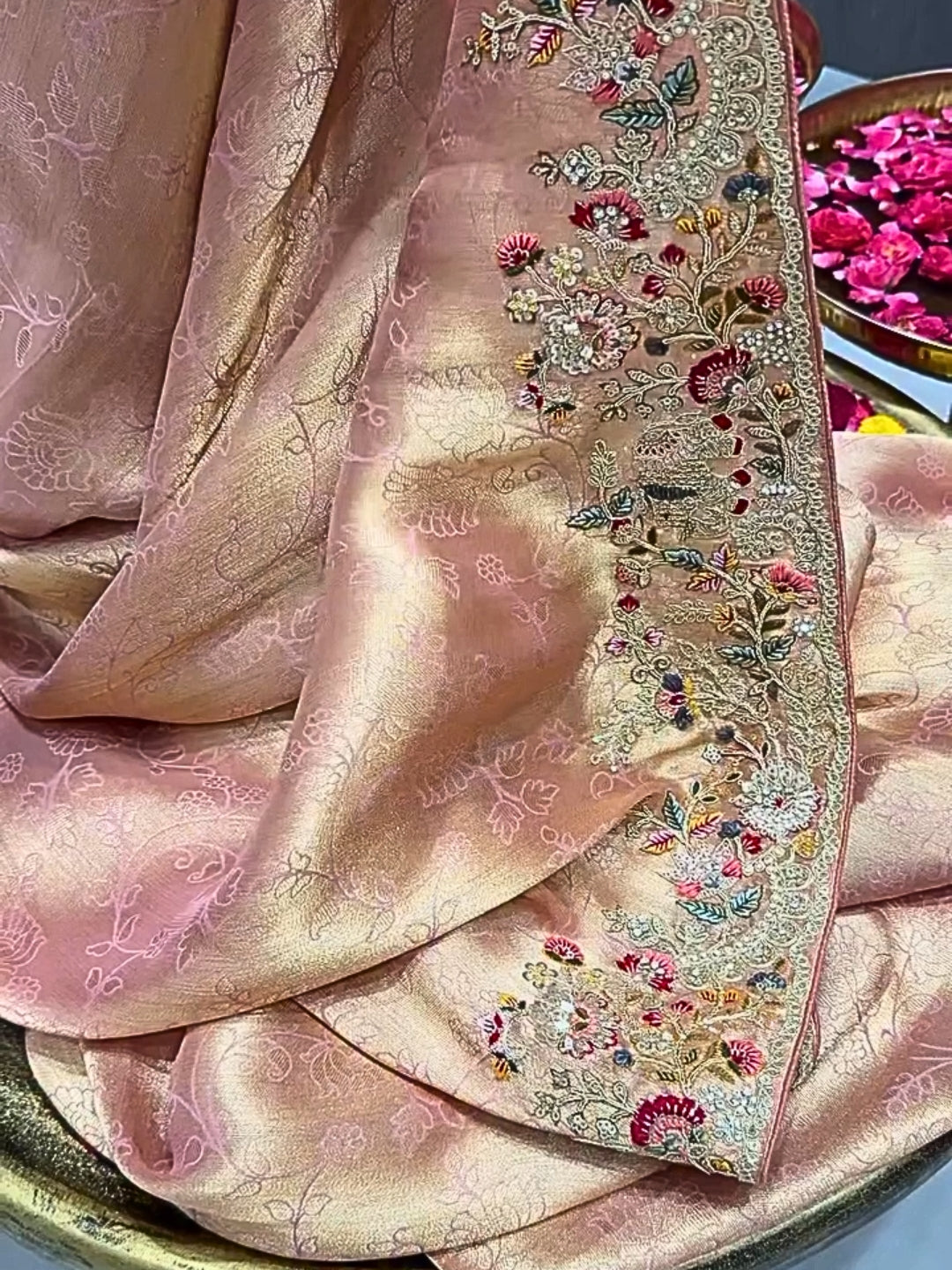 Elegant Dusty Rose Pink Banarasi Silk Saree with Intricate Floral Hand Embroidery & Zari Woven Motifs