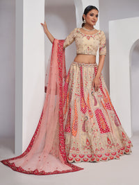 Paisley & butta embroidered lehenga choli with sequins, zari work and peach net dupatta.