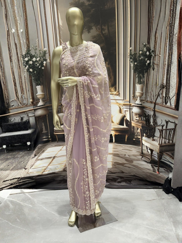 Mauve Net Saree with Ivory-Gold Hand Sequin Floral Scalloped Border & Embroidery