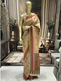 Ivory Banarasi Silk Blend Saree with Meenakari Animal–Floral Jaal and Rani Pallu