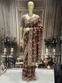 Heavy Sequin & Bead Embroidered Net Saree with Floral Jaal and Scalloped Border