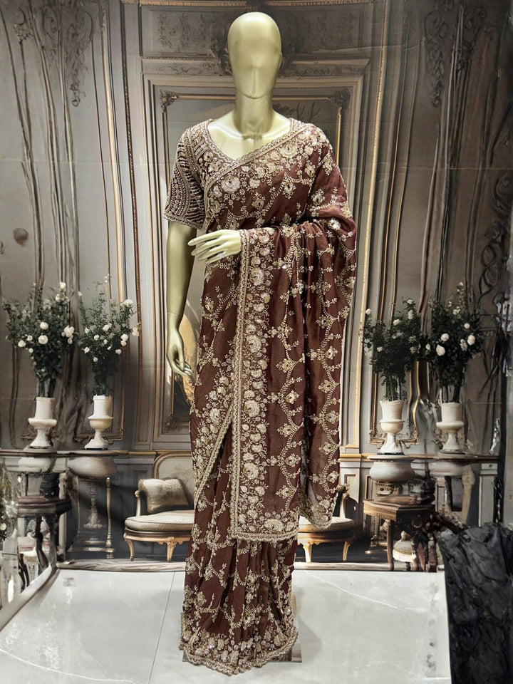 Heavy Sequin & Bead Embroidered Net Saree with Floral Jaal and Scalloped Border