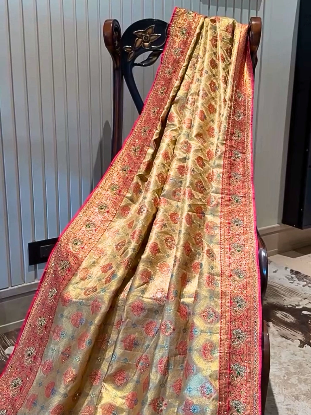 Golden Zari Banarasi Saree with Multi-Colored Butta & Heavy Embroidered Border