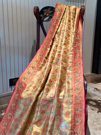 Golden Zari Banarasi Saree with Multi-Colored Butta & Heavy Embroidered Border