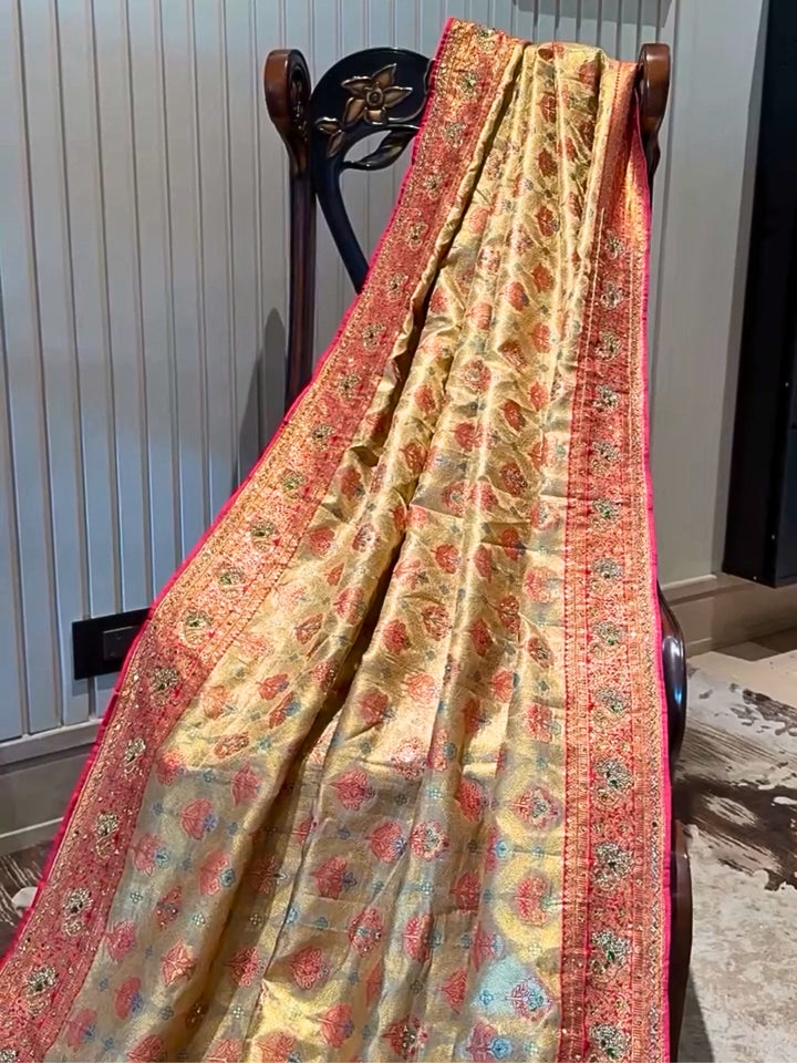 Golden Zari Banarasi Saree with Multi-Colored Butta & Heavy Embroidered Border
