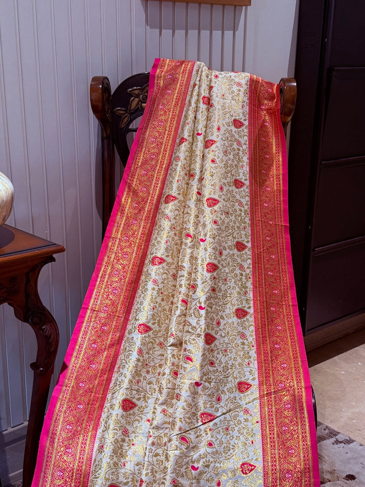 Banarasi Art Silk Saree with Gold-Pink Floral Jaal & Brocade Contrast Border