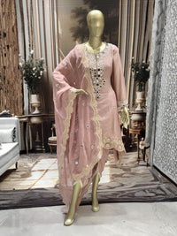 Mirror-work embroidered kurta set with scalloped dupatta and straight pants.