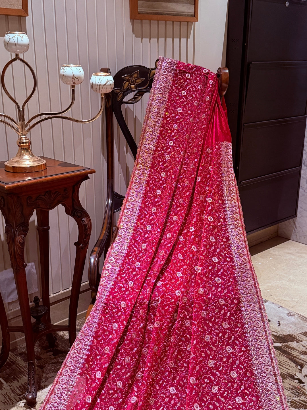 Pinkish Red Saree with Heavy Golden Zari Embroidery & Ornate Floral Motif Border Work