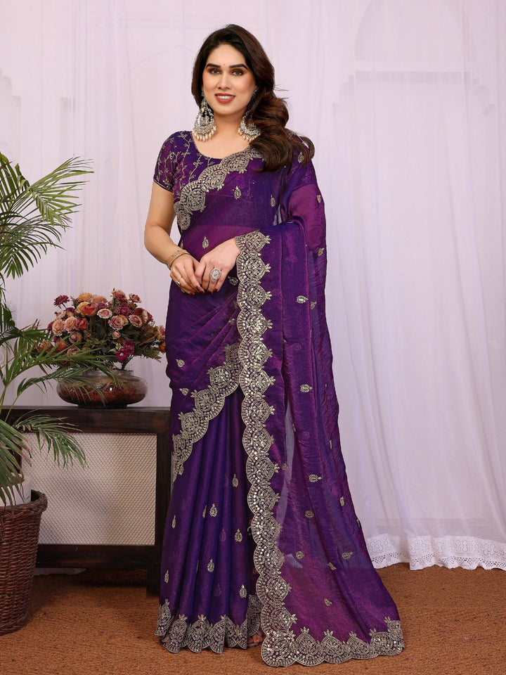 Shimmer Saree with Antique Gold Embroidered Butis & Heavy Scalloped Border