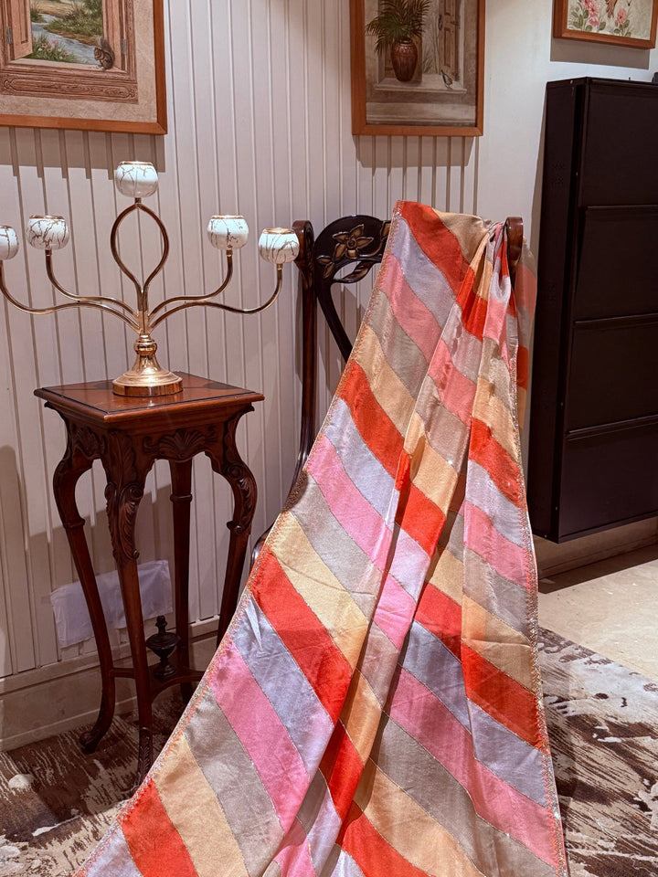 Multicolor Satin Organza Saree with Diagonal Stripes & Subtle Gold Zari Edge