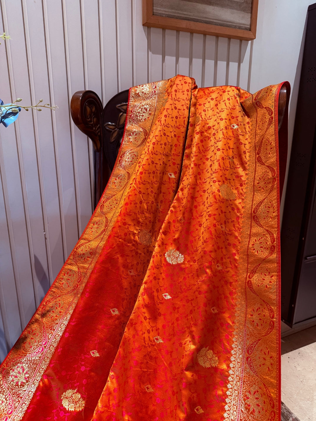 Zari Woven Saree with Gold Floral Motifs and Traditional Brocade Border