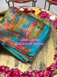 Teal Blue Banarasi Art Silk Saree with Multicolor Meenakari Work & Animal Motif