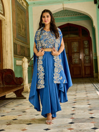 Royal Blue Embroidered Cape Style Co-Ord Set with Sequins & Thread Work Detailing