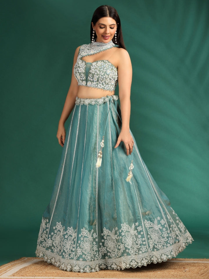 Floral Embroidered Lehenga Choli with Scallop Dupatta and Statement Neck Design