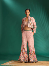Embroidered Crop Top Jacket Set with Floral Motifs and Flared Trousers