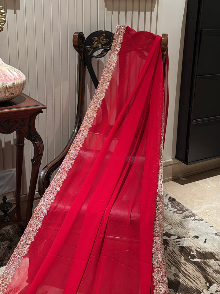 Pure Red Net Saree with Wide Gold Sequin Pearl Border & Ornate Zari Floral Embroidery