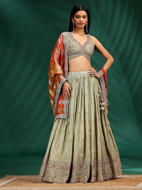 Embroidered Silk Lehenga Set with Zari and Mirror Work Detailing
