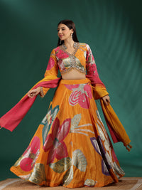 Floral Printed Lehenga with Mirror Work & Tasseled Choli and Ombre Dupatta