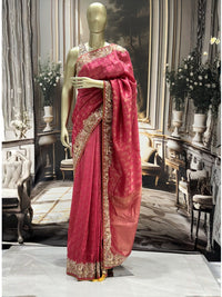 Jacquard Saree with Heavy Zardozi Sequin Peacock Floral Border & Embroidered Blouse