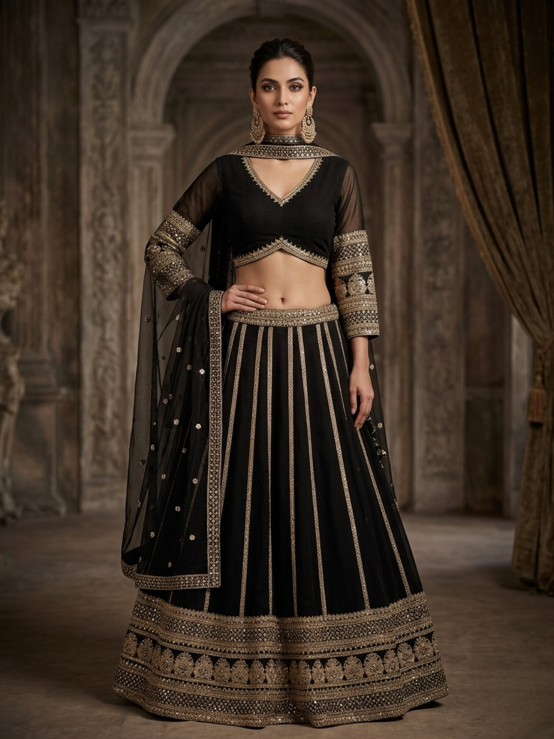 Silk Heavy Zari & Sequin Embroidered Lehenga Choli with Net Dupatta in Black