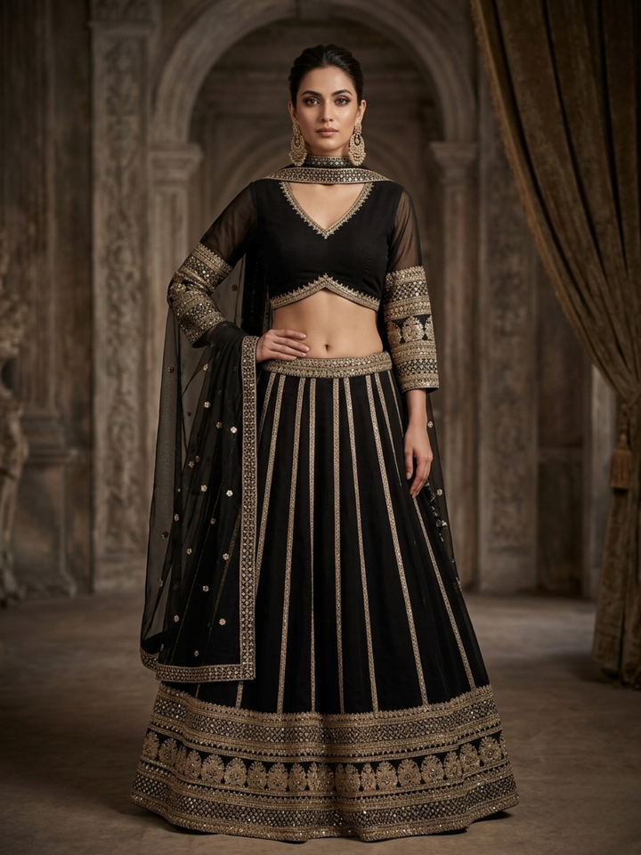 Silk Heavy Zari & Sequin Embroidered Lehenga Choli with Net Dupatta in Black