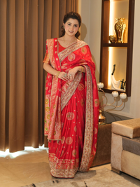 Banarasi Silk Zari Saree with Gold Zari Medallion Motifs, Embroidered Border & Dupatta