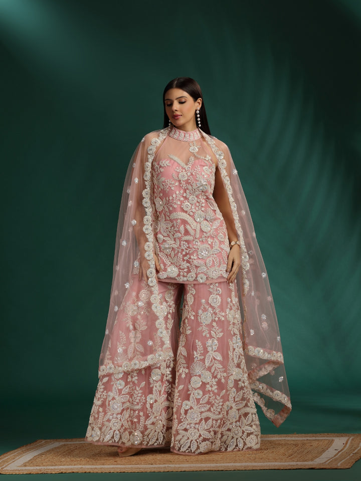 Thread Embroidered & Sequins Sharara Suit Set with  Embellished Dupatta