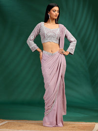 Pre-Stitched Saree with Intricate White Thread & Sequin Embroidery