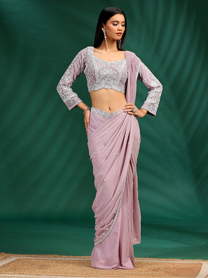 Pre-Stitched Saree with Intricate White Thread & Sequin Embroidery