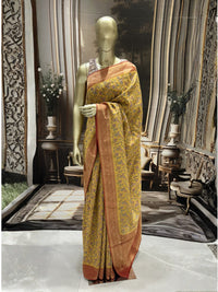 Mustard Yellow Banarasi Meenakari Saree with Floral Jaal & Red Zari Brocade Pallu
