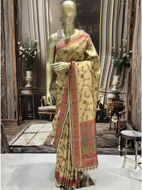 Pastel Beige Banarasi Meenakari Silk Saree with Multicolour Floral Jaal and Rich Pallu