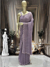 Heavy Sequin Embroidered Party Saree with Scalloped Border & Striped Blouse