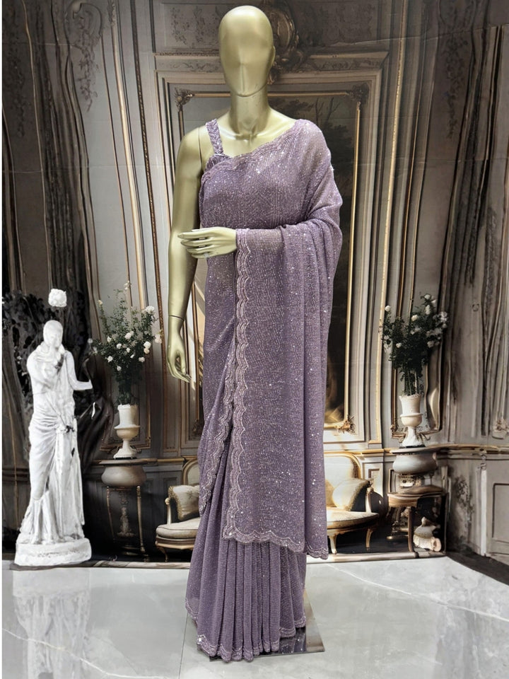 Heavy Sequin Embroidered Party Saree with Scalloped Border & Striped Blouse