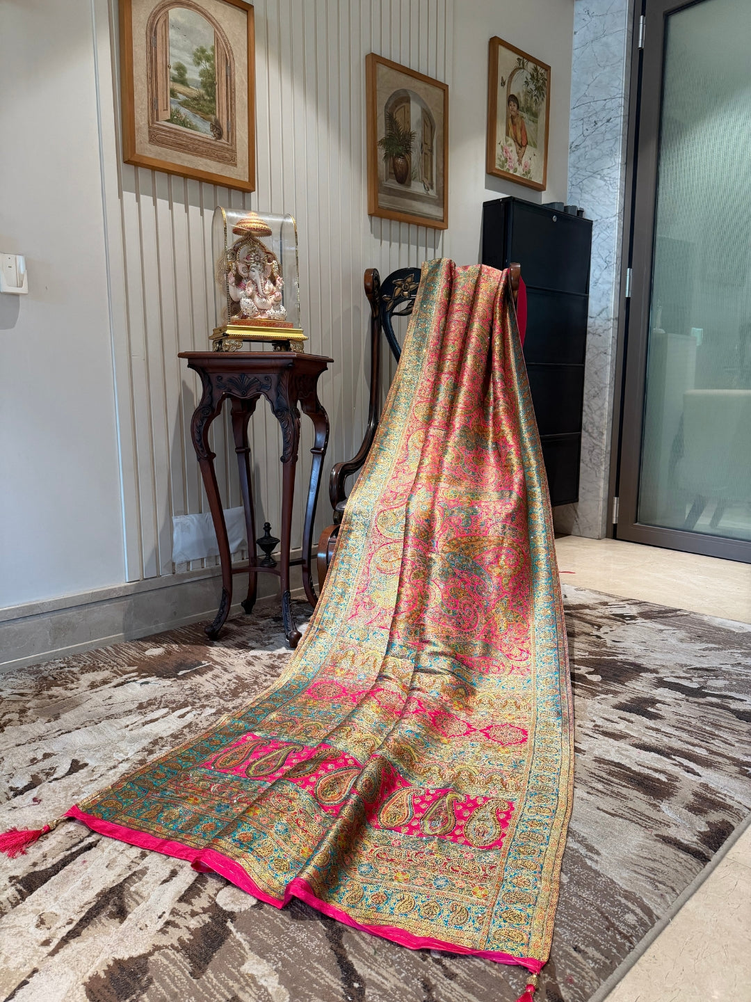 Fuchsia Multicolour Zari Woven Kashmiri Paisley Jaal Saree with Tassel Pallu