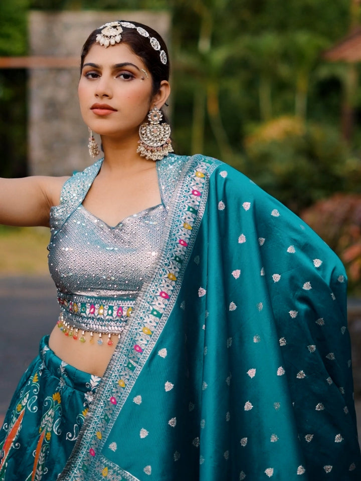 Mirror Work Silk Lehenga Set with Banarasi Weave Dupatta, Multicolor Thread Embroidery