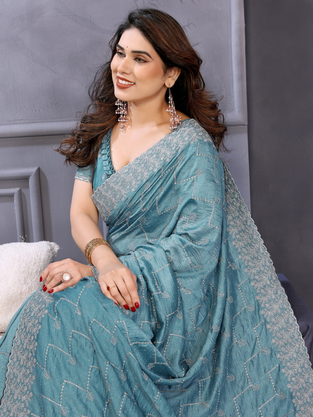 Shimmer Saree with Gold Lace Border & Teal Floral Thread Embroidered Blouse
