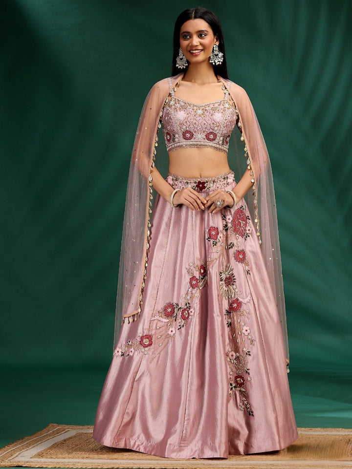 Lehenga Set with Floral Thread & Sequin Embroidery and Net Dupatta